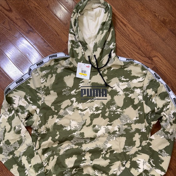 PUMA Olive and Cream Camouflage Hoodie Sweatshirt Camo Pack AOP Taping on Sleeve - Picture 3 of 10